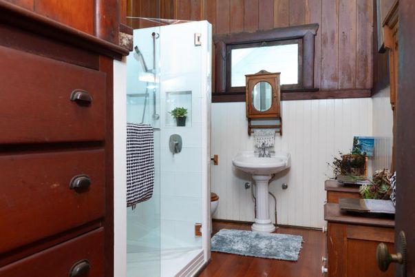 Bathroom, Glass Shower, Interior, Wood Texture Flooring