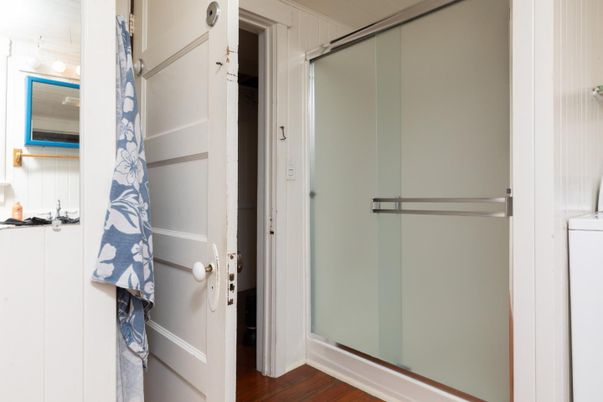 Bathroom, Glass Shower, Interior, Wood Texture Flooring
