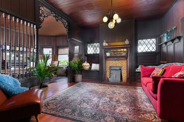 Fireplace, Interior, Living room, Pendant Lights, Wooden Ceilings, Wood Texture Flooring, Wooden Walls