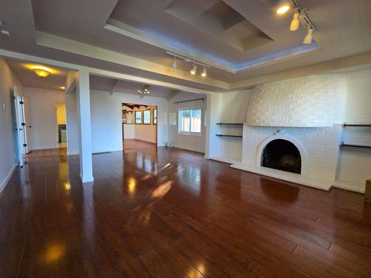 Empty room, Fireplace, Interior, Stone Walls, Wood Texture Flooring