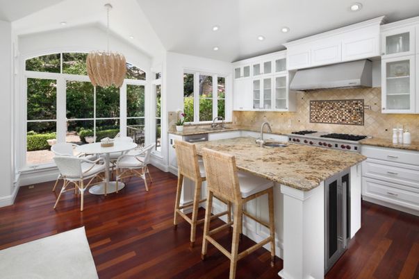Chandelier, Dining room, Interior, Kitchen, Recessed Lighting, Stainless Steel Appliances, Wood Texture Flooring