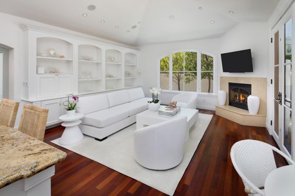Fireplace, Interior, Living room, Recessed Lighting, Wood Texture Flooring