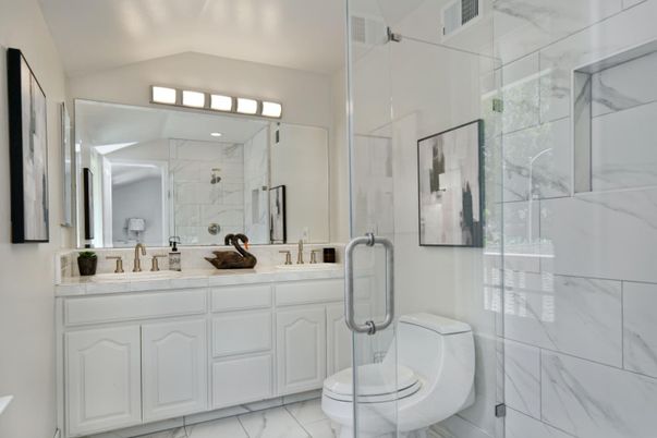 Bathroom, Dual Sink Vanities, Glass Shower, Interior, Marble, Marble Walls, Tile Countertops