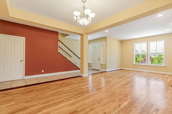 Chandelier, Empty room, Interior, Recessed Lighting, Wood Texture Flooring