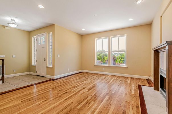 Empty room, Fireplace, Interior, Recessed Lighting, Wood Texture Flooring