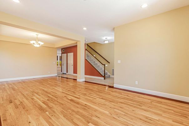 Chandelier, Empty room, Interior, Recessed Lighting, Wood Texture Flooring