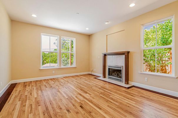 Empty room, Fireplace, Interior, Recessed Lighting, Wood Texture Flooring