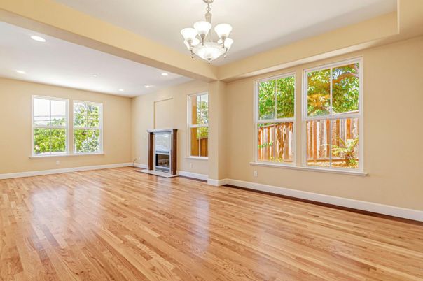Chandelier, Empty room, Fireplace, Interior, Recessed Lighting, Wood Texture Flooring