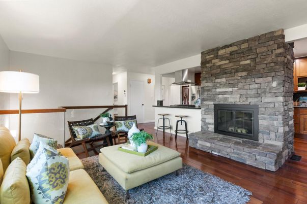 Fireplace, Interior, Kitchen, Living room, Stone Walls, Wood Texture Flooring