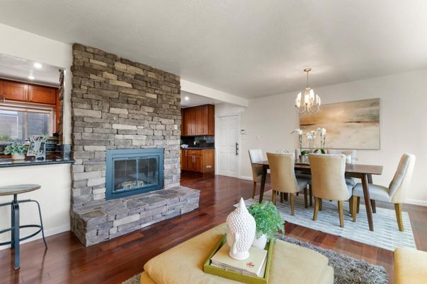 Dining room, Fireplace, Interior, Kitchen, Pendant Lights, Recessed Lighting, Stone Walls, Wood Texture Flooring