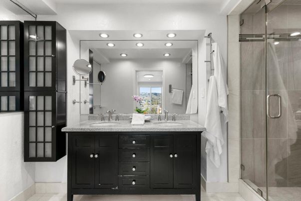Bathroom, Dual Sink Vanities, Glass Shower, Interior, Recessed Lighting