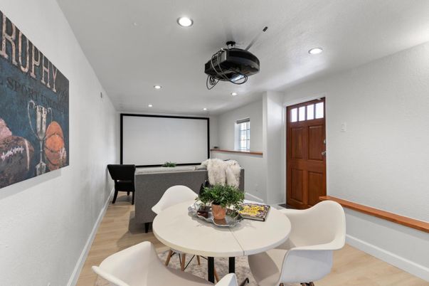 Dining room, Interior, Projection Screen, Recessed Lighting, Wood Texture Flooring