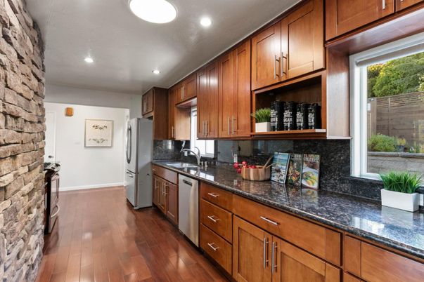 Interior, Kitchen, Recessed Lighting, Stone Walls, Wood Texture Flooring