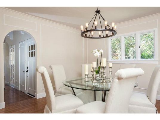 Chandelier, Dining room, Interior, Wood Texture Flooring
