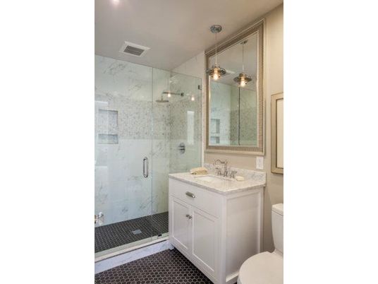 Bathroom, Glass Shower, Interior, Marble Walls, Pendant Lights, Recessed Lighting