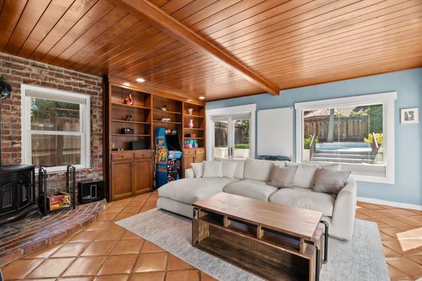 Fireplace, Interior, Living room, Recessed Lighting, Stone Walls, Wooden Beams, Wooden Ceilings