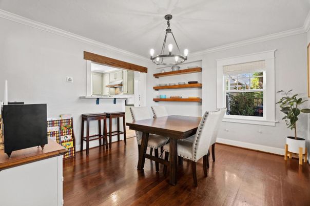 Dining room, Interior, Pendant Lights, Wood Texture Flooring