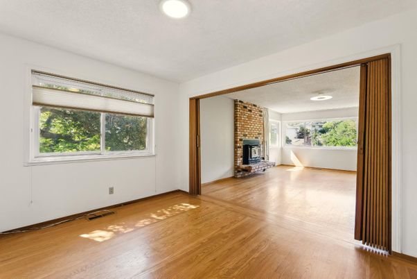 Empty room, Fireplace, Interior, Recessed Lighting, Wood Texture Flooring