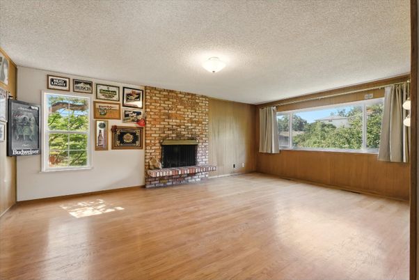 Empty room, Fireplace, Interior, Stone Walls, Wood Texture Flooring