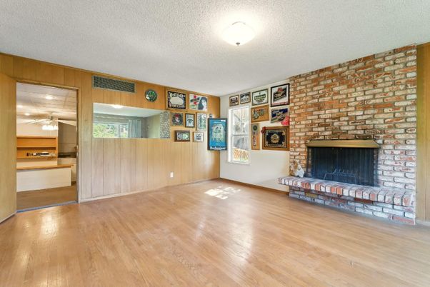 Empty room, Fireplace, Interior, Stone Walls, Wood Texture Flooring
