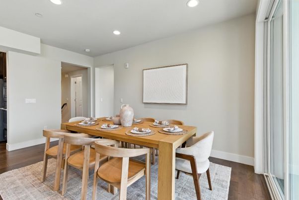 Dining room, Interior, Recessed Lighting, Wood Texture Flooring