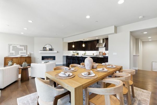 Dining room, Fireplace, Interior, Kitchen, Living room, Pendant Lights, Recessed Lighting, Wood Texture Flooring
