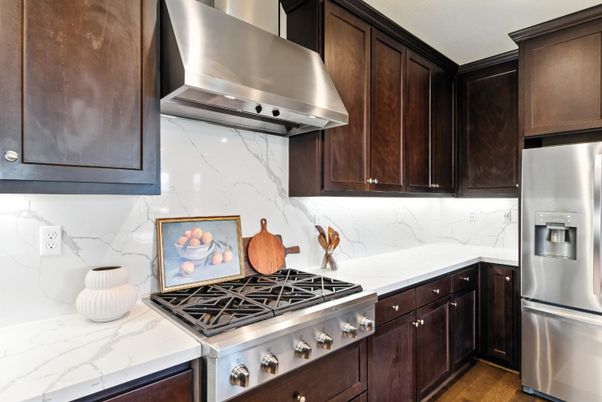 Interior, Kitchen, Marble Walls, Stainless Steel Appliances, Wood Texture Flooring