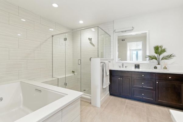 Bathroom, Dual Sink Vanities, Glass Shower, Interior, Recessed Lighting