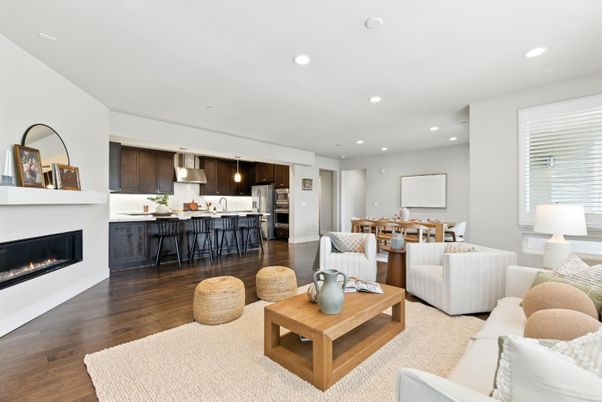 Dining room, Fireplace, Interior, Kitchen, Living room, Pendant Lights, Recessed Lighting, Stainless Steel Appliances, Wood Texture Flooring