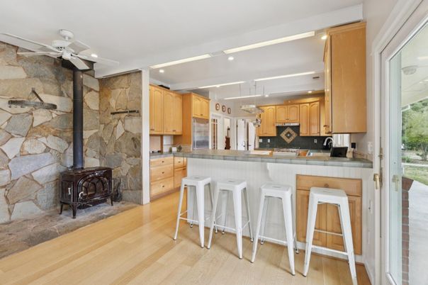 Interior, Kitchen, Pendant Lights, Recessed Lighting, Stone Walls, Wood Texture Flooring