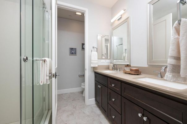 Bathroom, Dual Sink Vanities, Glass Shower, Interior, Recessed Lighting