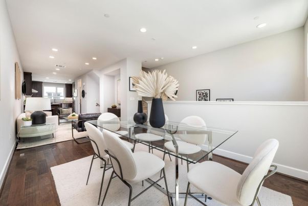Dining room, Interior, Kitchen, Living room, Recessed Lighting, Stainless Steel Appliances, Wood Texture Flooring