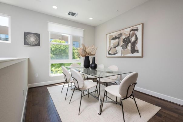 Dining room, Interior, Recessed Lighting, Wood Texture Flooring
