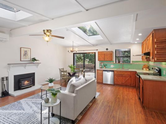 Chandelier, Dining room, Fireplace, Interior, Kitchen, Living room, Recessed Lighting, Wood Texture Flooring