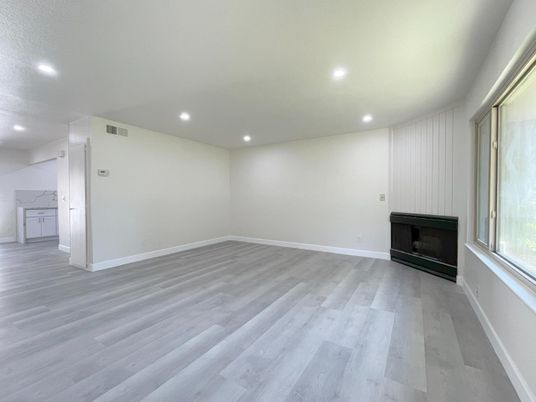 Empty room, Fireplace, Interior, Recessed Lighting, Wood Texture Flooring