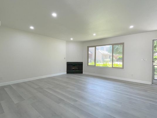 Empty room, Fireplace, Interior, Recessed Lighting, Wood Texture Flooring