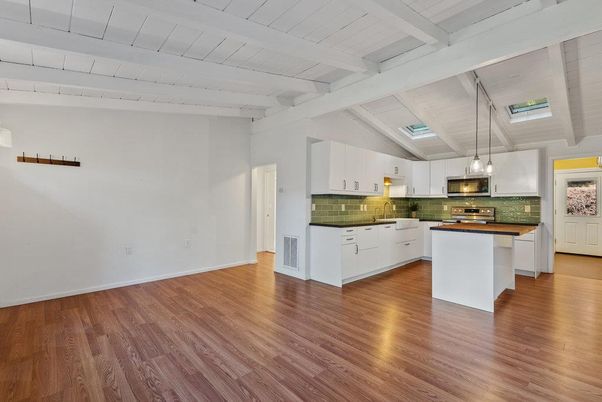 Empty room, Interior, Kitchen, Pendant Lights, Wood Texture Flooring