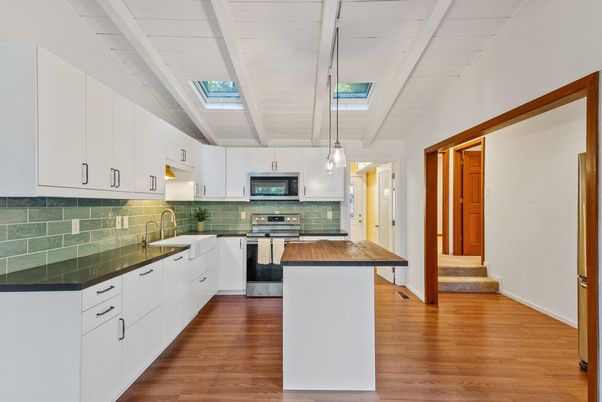 Interior, Kitchen, Pendant Lights, Stainless Steel Appliances, Wood Texture Flooring