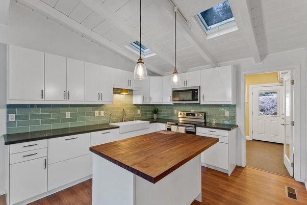 Interior, Kitchen, Pendant Lights, Stainless Steel Appliances, Wood Texture Flooring