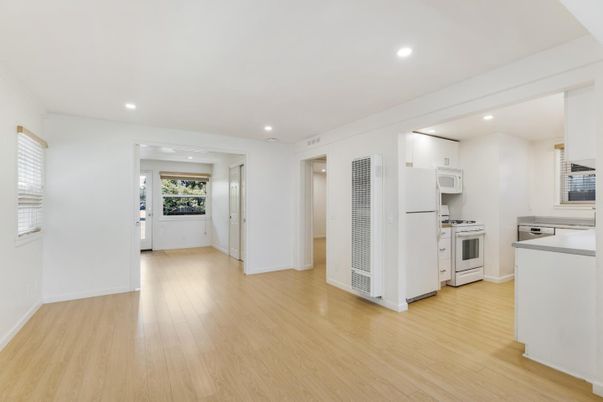 Empty room, Interior, Kitchen, Recessed Lighting, Wood Texture Flooring