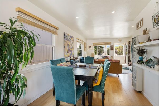 Dining room, Interior, Living room, Recessed Lighting, Wood Texture Flooring