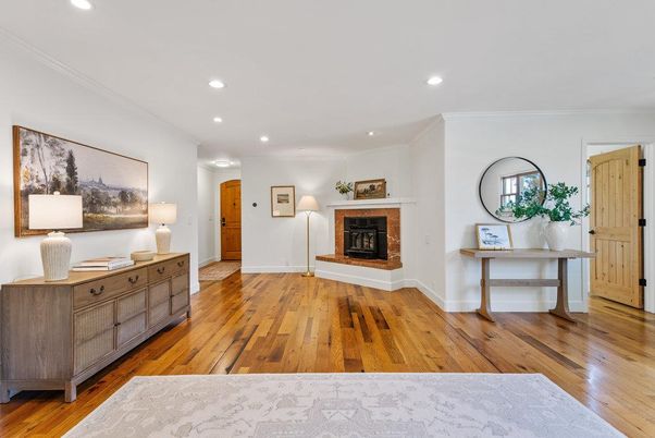 Fireplace, Interior, Recessed Lighting, Wood Texture Flooring