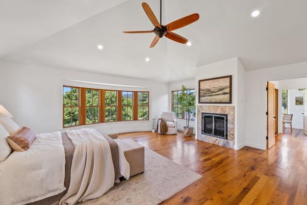 Bedroom, Fireplace, Interior, Recessed Lighting, Wood Texture Flooring