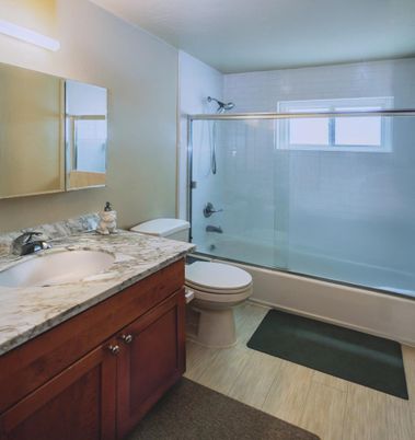 Bathroom, Glass Shower, Interior, Wood Texture Flooring