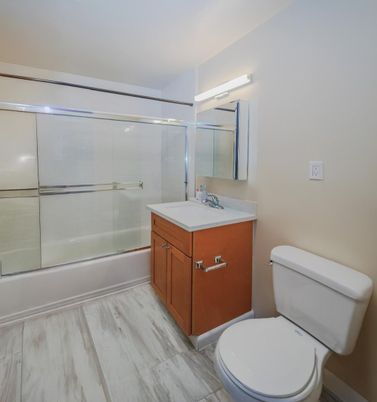 Bathroom, Glass Shower, Interior, Marble, Wood Texture Flooring