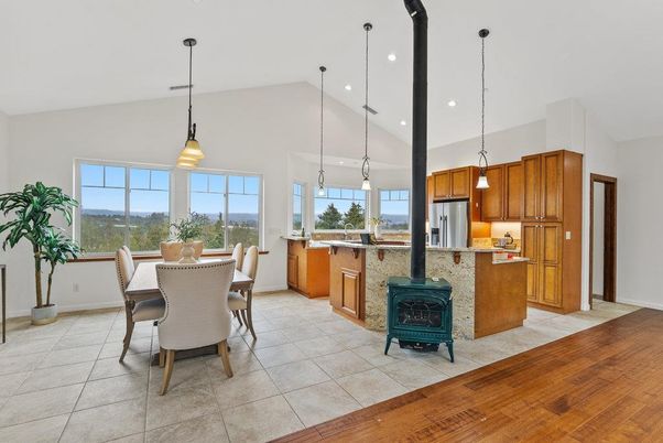 Dining room, Interior, Kitchen, Pendant Lights, Recessed Lighting, Wood Texture Flooring