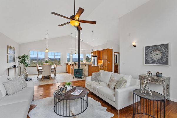 Dining room, Fireplace, Interior, Kitchen, Living room, Pendant Lights, Recessed Lighting, Wood Texture Flooring