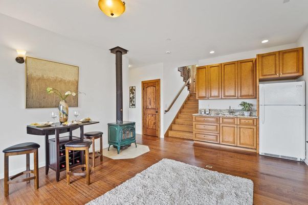 Fireplace, Interior, Kitchen, Recessed Lighting, Wood Texture Flooring