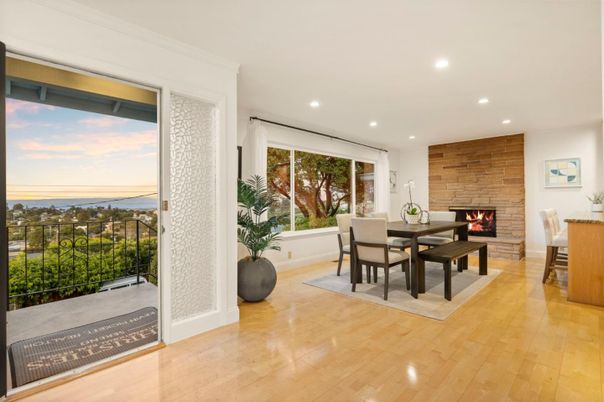 Dining room, Fireplace, Interior, Recessed Lighting, Water, Wood Texture Flooring