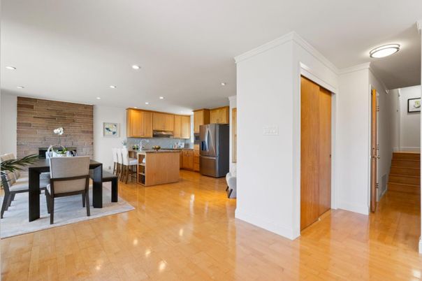 Dining room, Fireplace, Interior, Kitchen, Living room, Recessed Lighting, Stone Walls, Wood Texture Flooring